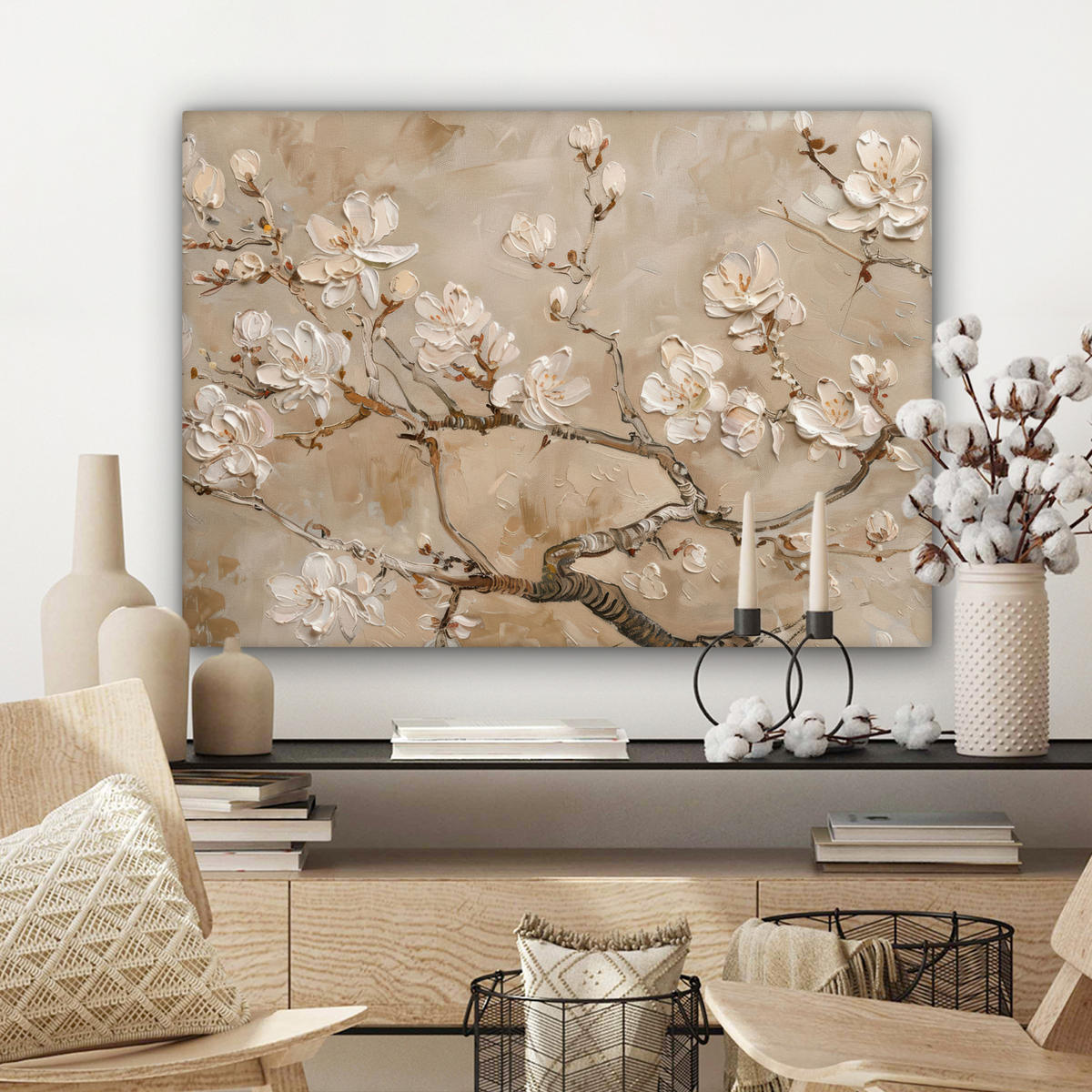 LEINWANDBILD - Blumen - Modern - Beige - Weiß - Blüte - 80x60 - Malerei - Beige, Textil (80/60cm) - MuchoWow