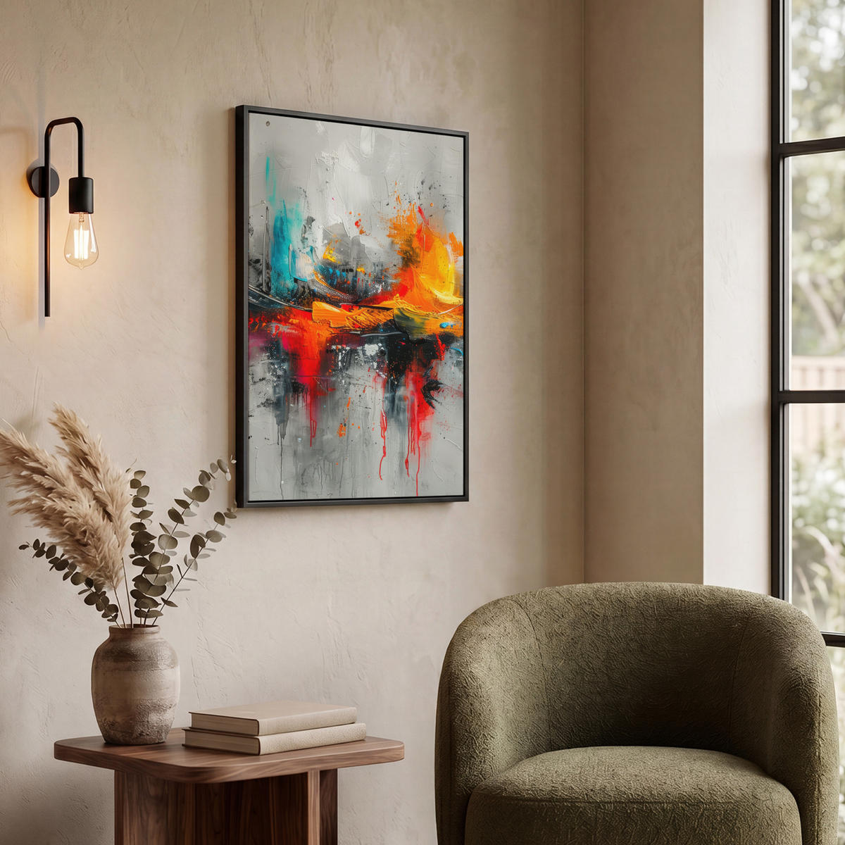 LEINWAND Bilder mit Rahmen - Moderne Kunst - Orange - Grau - Abstrakt - 60x80 - Hellgrau, Textil (60/80cm) - MuchoWow