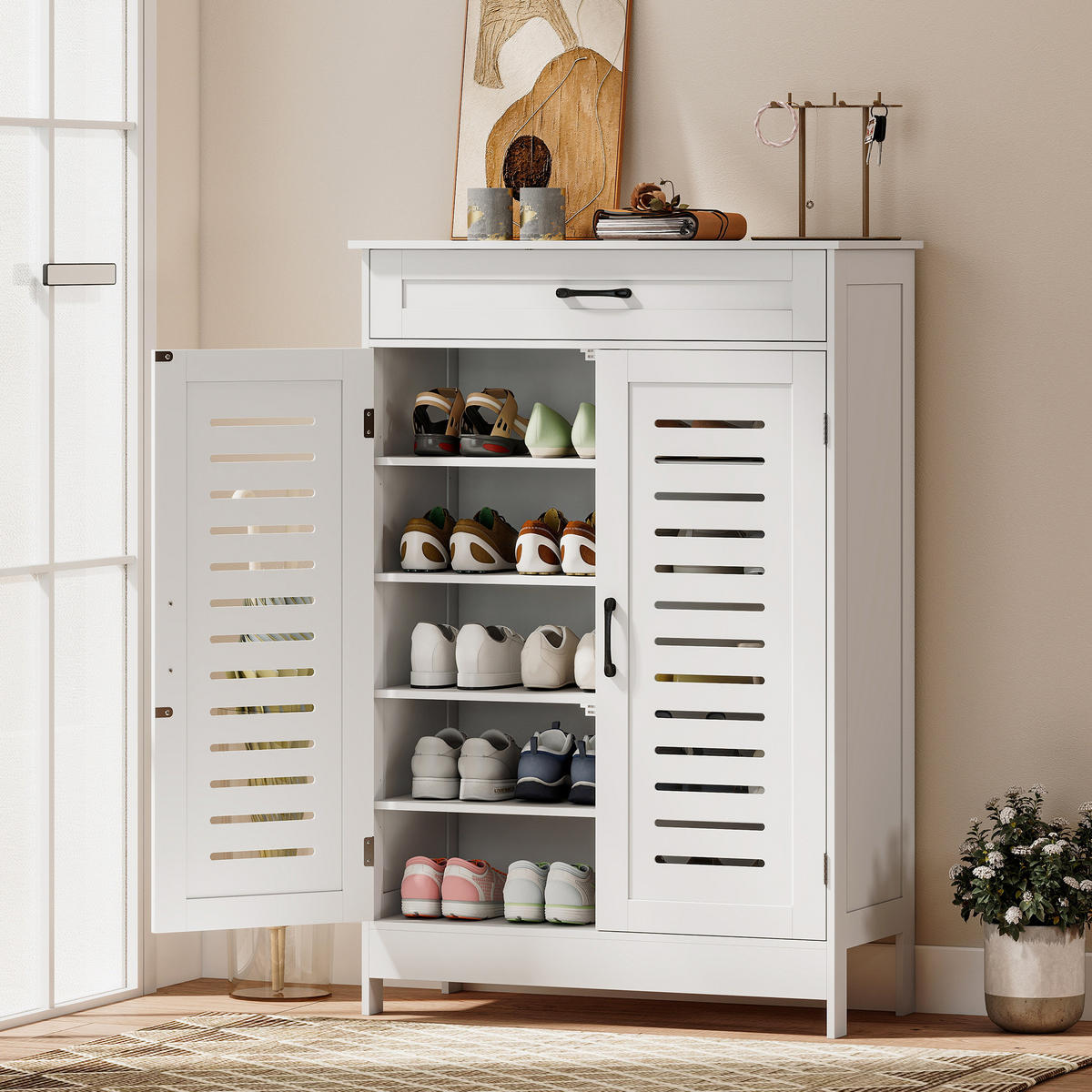 SCHUHSCHRANK Weiß MDF mit Türen und Schublade 1 Stück - Weiß, Holzwerkstoff (78/115.8/37cm) - PANGIVO
