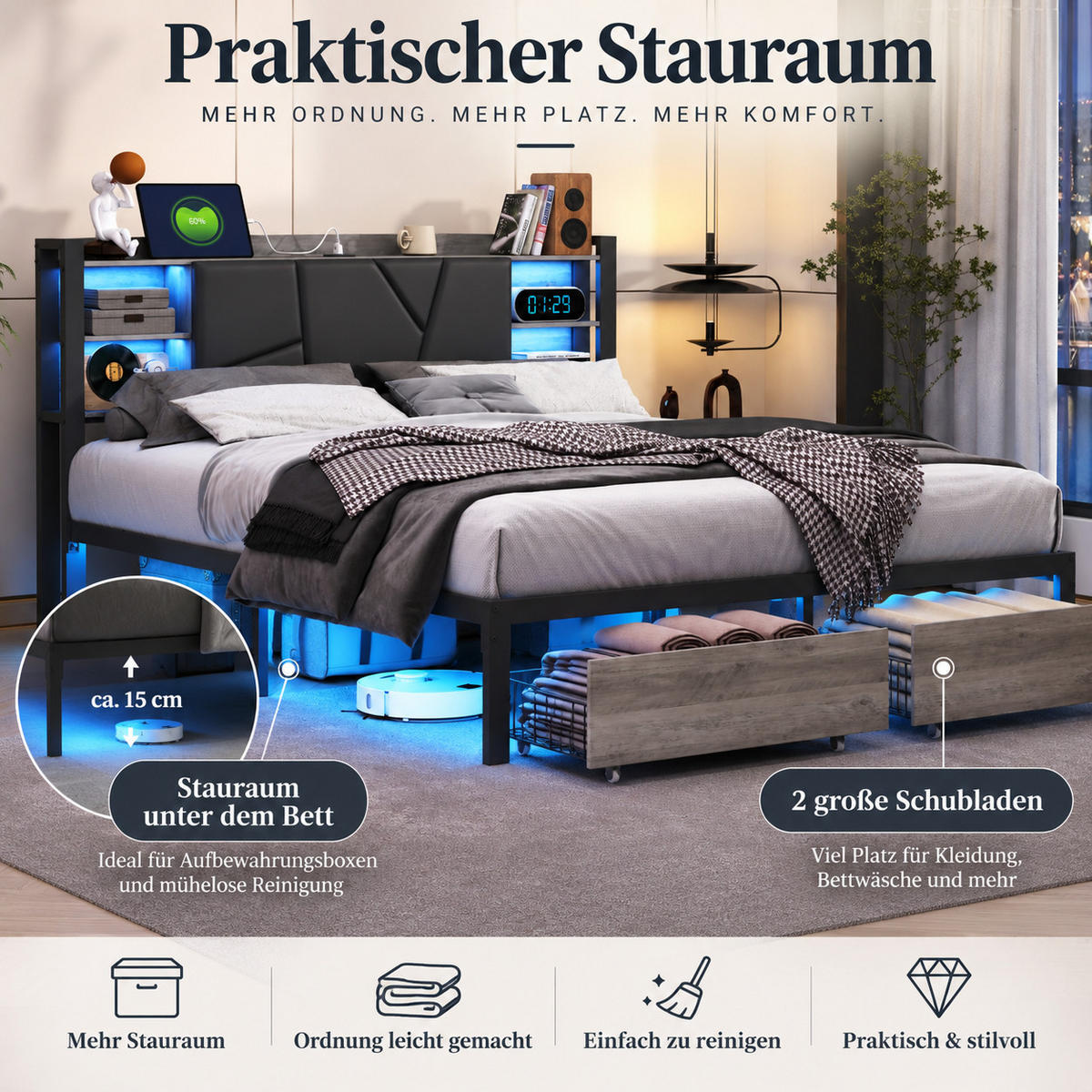 POLSTERBETT 140/200 cm mit LED & USB-Kopfteil und Schubladen, modernes Metallbett - Schwarz, Holz/Metall (140/200cm) - Joyfair