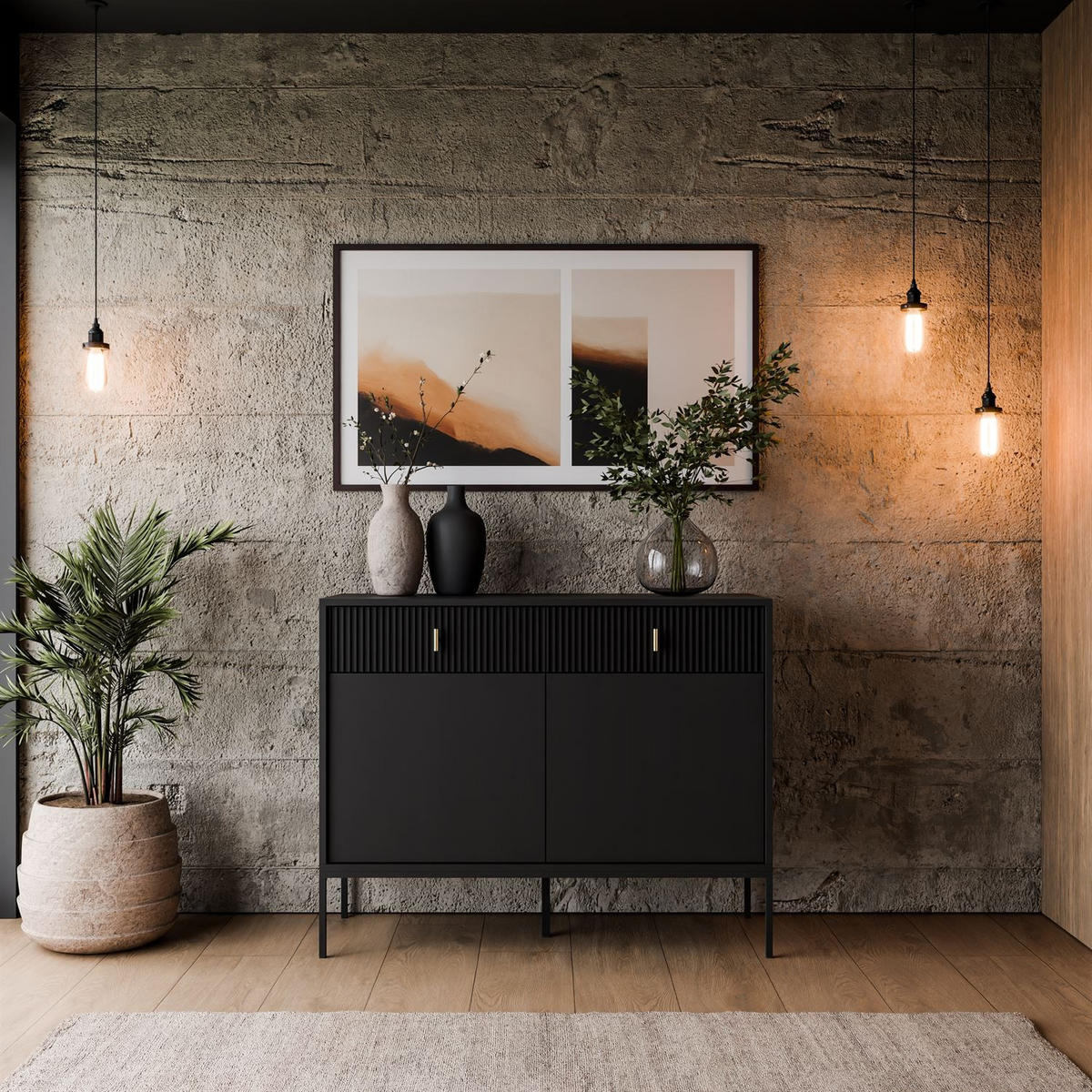 KOMMODE MIDNIGHT 2D2S mit zwei Schubladen auf Gestell schwarz - Schwarz, Holzwerkstoff (104/82.5/39cm) - Lookway