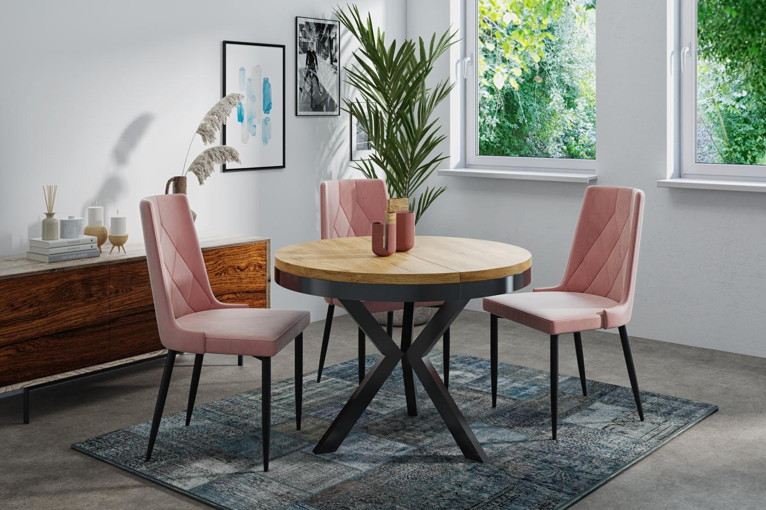 ESSTISCH Velma runder ausziehbarer, Craft Eiche 100-140/100/76 cm - Eiche Wotan/Schwarz, Holzwerkstoff/Metall (100/100/76cm) - WFL GROUP