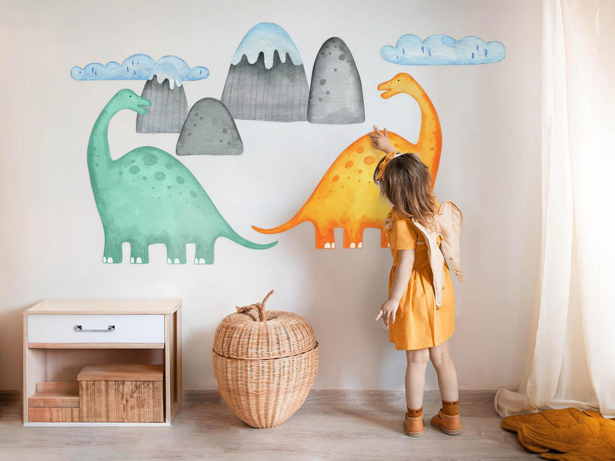 WANDAUFKLEBER 130x233cm - Dinosaurier und Berge - Multicolor, Kunststoff (130/233/0.1cm) - Wallfluent