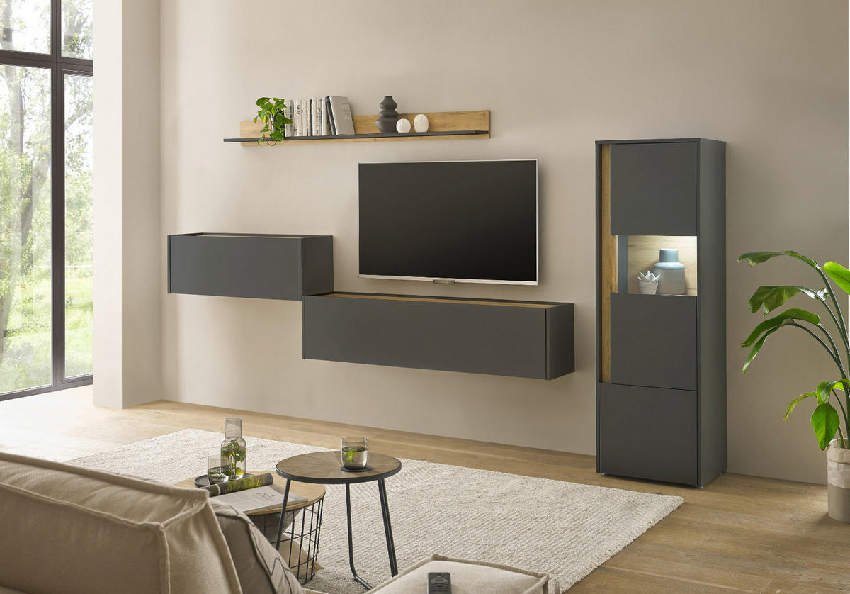 WOHNWAND grau matt, Eiche Wotan 320 cm, Wohnkombination mit Sekretär - Eiche Wotan/Grau, Glas/Holzwerkstoff (320/170/40cm) - Furn.Design