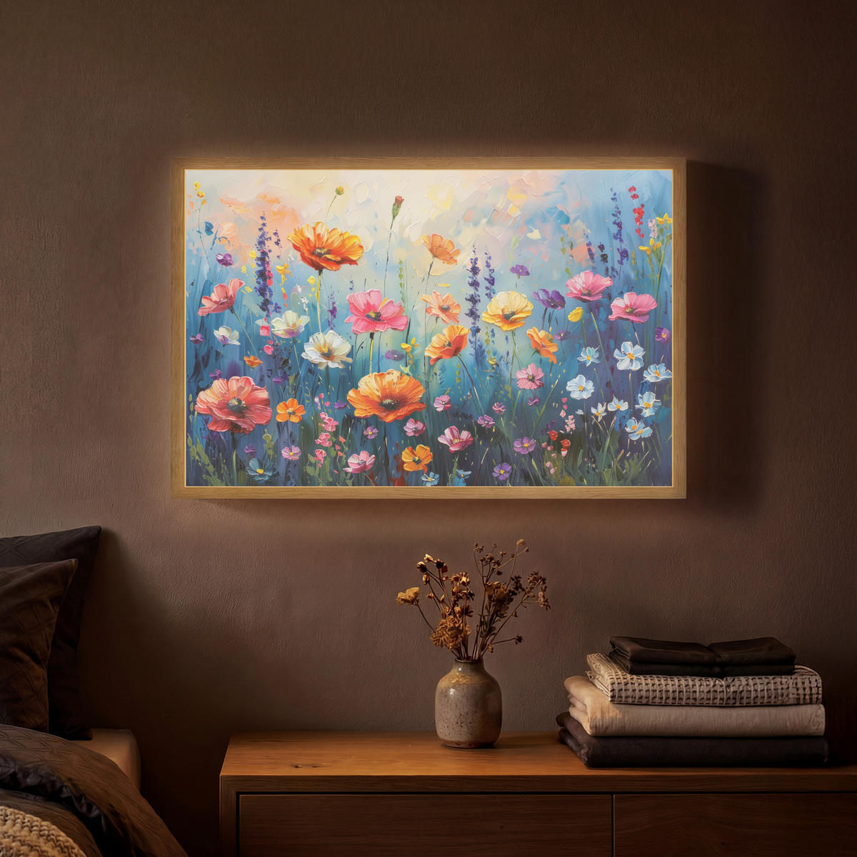 NÁSTĚNNÁ LAMPA S AKUMULÁTOREM Květiny - Příroda - Akvarel - Umění 60x40 cm - různobarevná, kompozitní dřevo (60/40/8cm) - OnlyWow