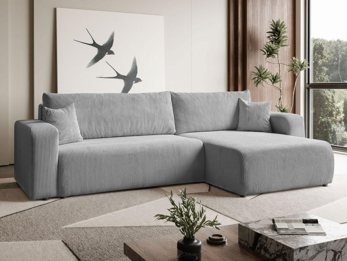ECKSOFA Sofia in L-Form 277 x 143 cm Schlaffunktion Bettkasten Couch Cord universale Seite, hellgrau - Hellgrau, Kunststoff (143/83/277cm) - Margaret Hadas24