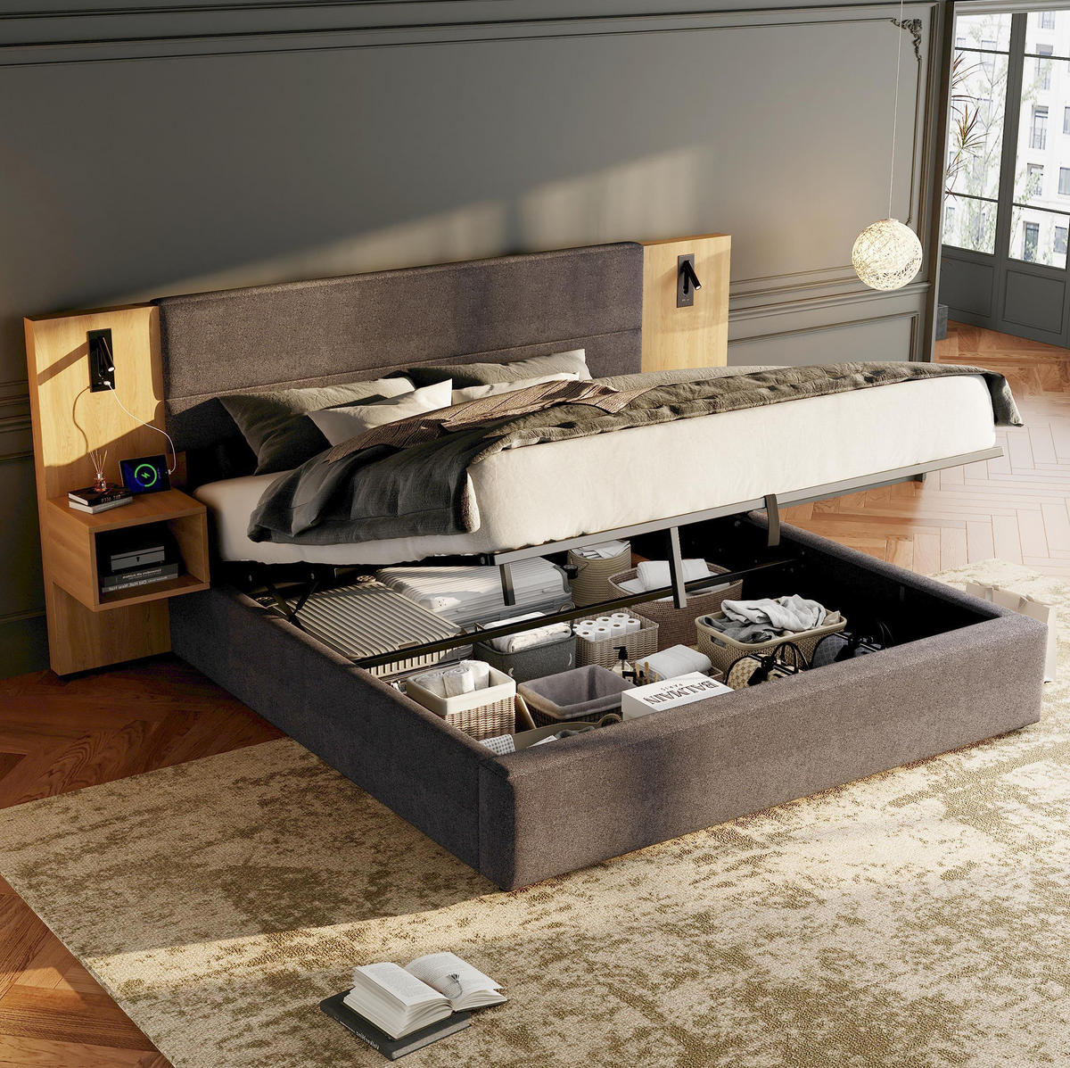 POLSTERBETT 160/200 cm aus Samt mit USB-Anschluss Beleuchtung und 2 Nachttischen Grau und Natur - Naturfarben, Textil (160/200cm) - Modenvie