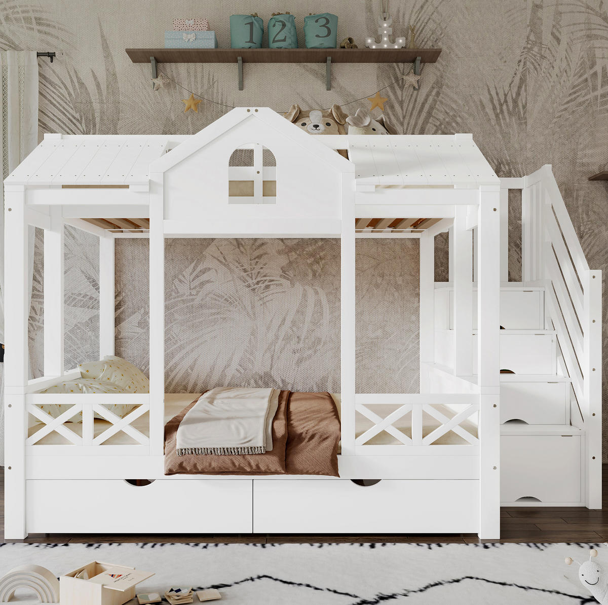 ETAGENBETT 90/200 & 140/200 cm Weiß mit Spielhaus-Design und Stauraum - Weiß, Holzwerkstoff (90/200cm) - Flora Grace