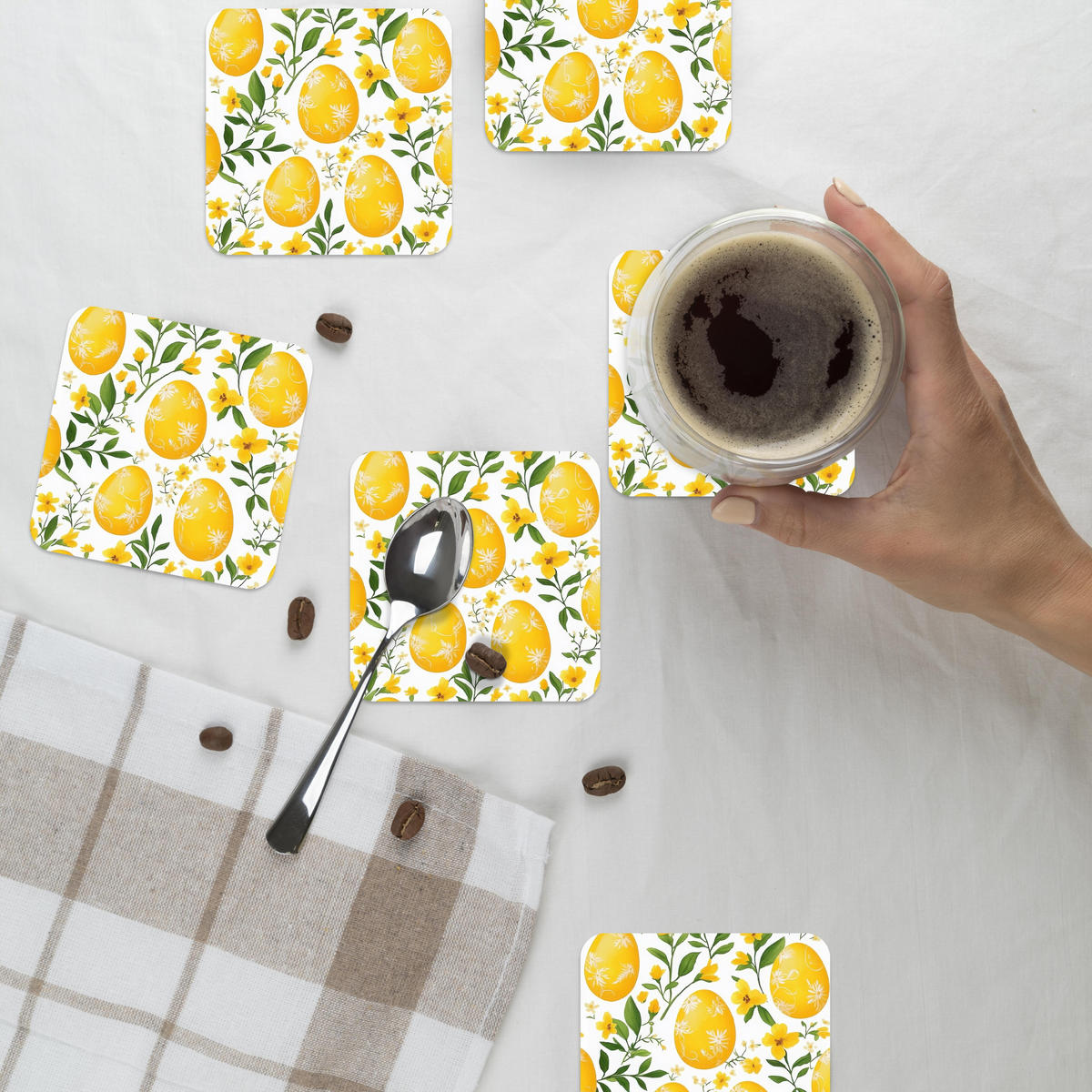 GLASUNTERSETZER 6er-Set Blumen - Ostereier - Gelb 10x10 cm - Gelb, Naturmaterialien (10/0.2cm) - MuchoWow