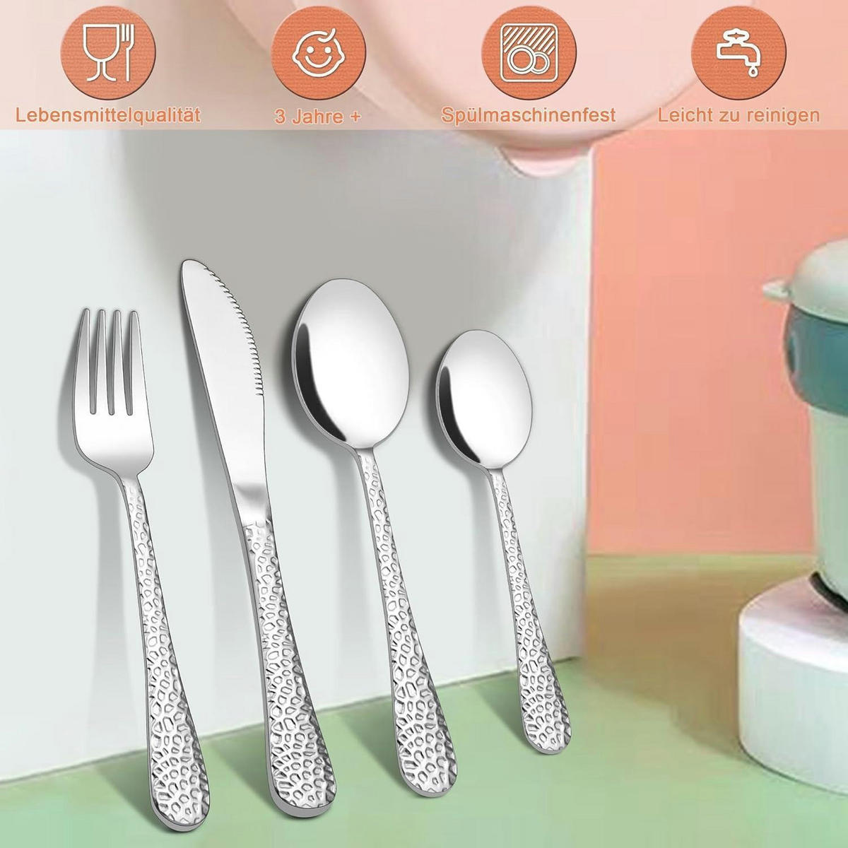 KINDERBESTECK 16-teiliges Set Edelstahl Hammergriff - Silberfarben, Metall
