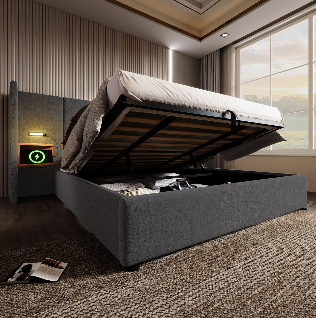 BETT mit Stauraum und USB 180x200 cm Leinen Grau - Grau, Metall (180/200cm) - Meubliv