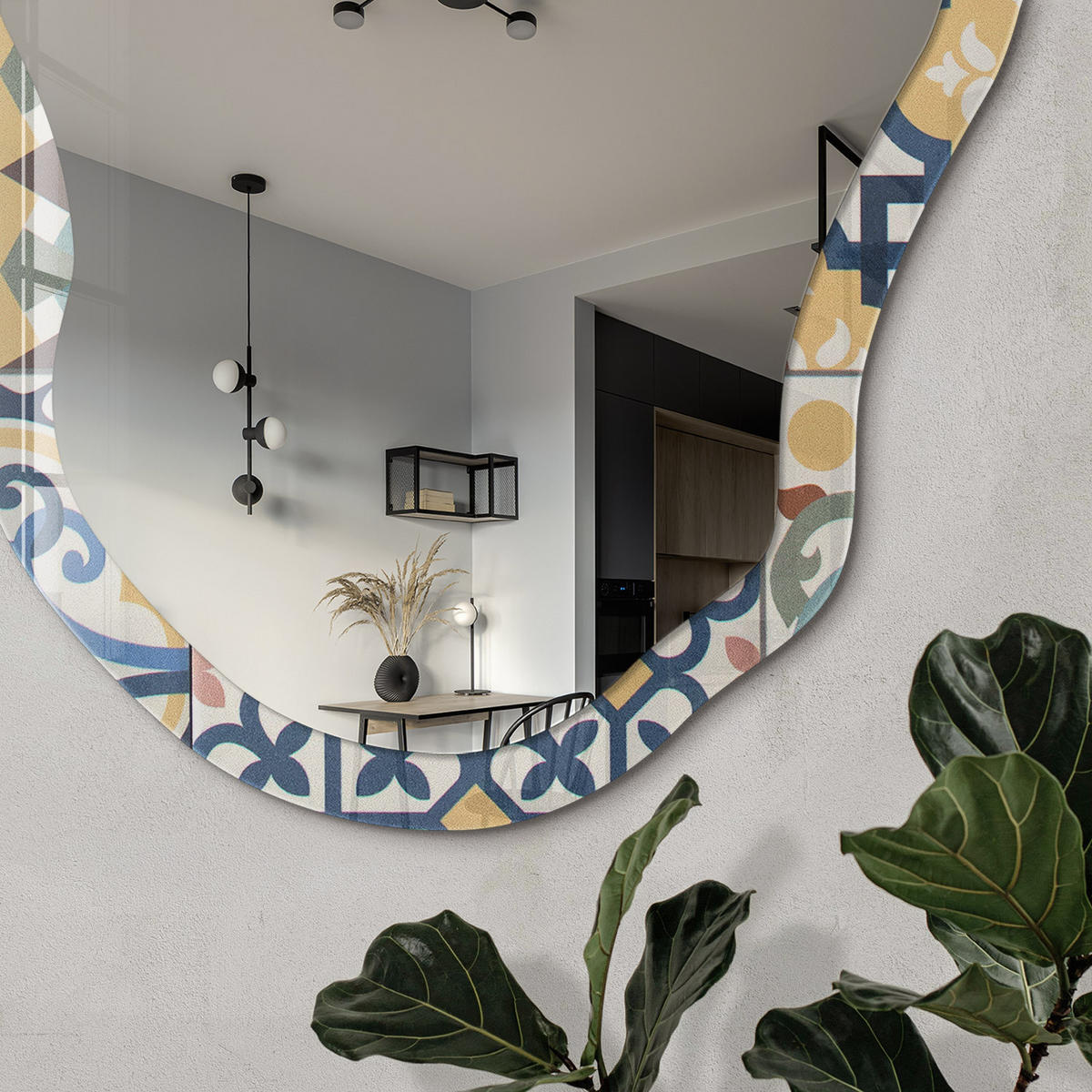 SPIEGEL 90x45 cm asymmetrisch mit Druck - Mosaikmuster - Transparent, Glas (45/90/0.4cm) - TULUP