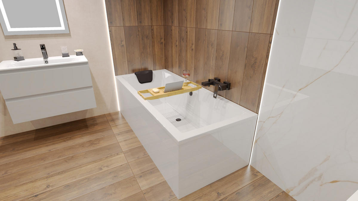 BADEWANNE Rechteck QUADRO 165/75 + Ablage + Kopfstütze Ablauf Füße - Weiß, Kunststoff (75/55.5/165cm) - bad land