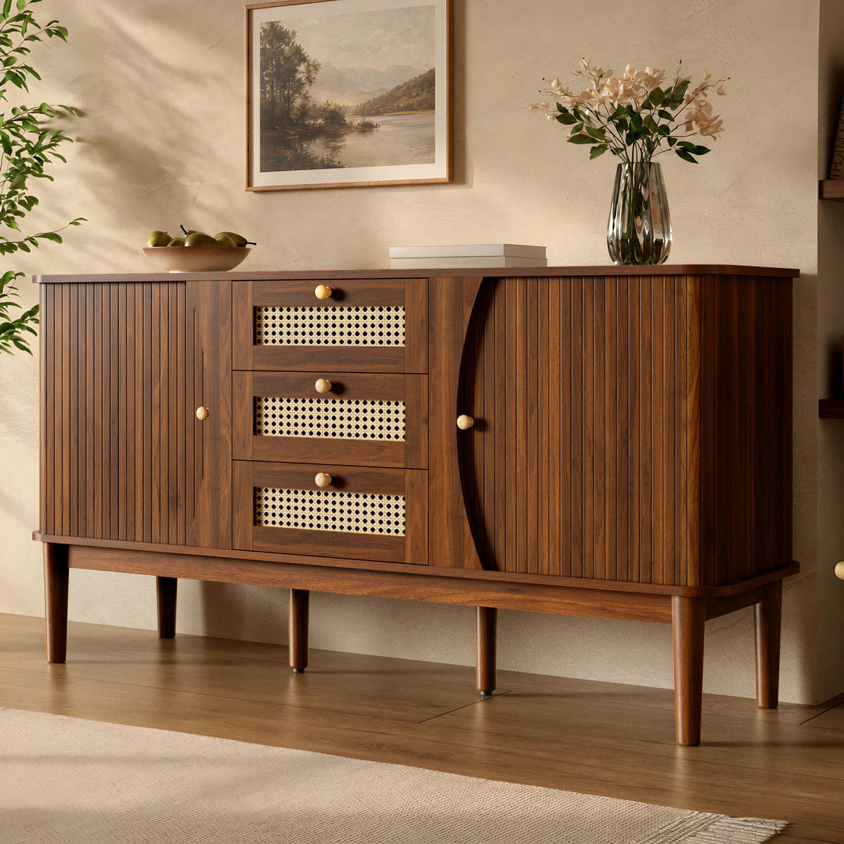 SIDEBOARD Rattan Schiebetüren verstellbare Böden modern - Walnussfarben, Holzwerkstoff (40/73/140.5cm) - FLIEKS