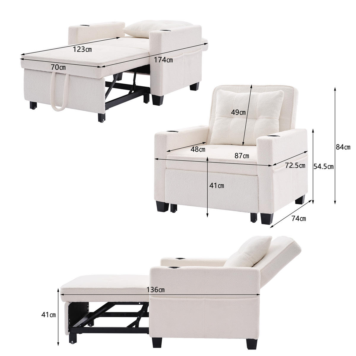 RELAXSESSEL 87/74/84 cm Weiß mit Getränkehaltern und USB Anschluss - Weiß, Textil (74/84/87cm) - Oxeza