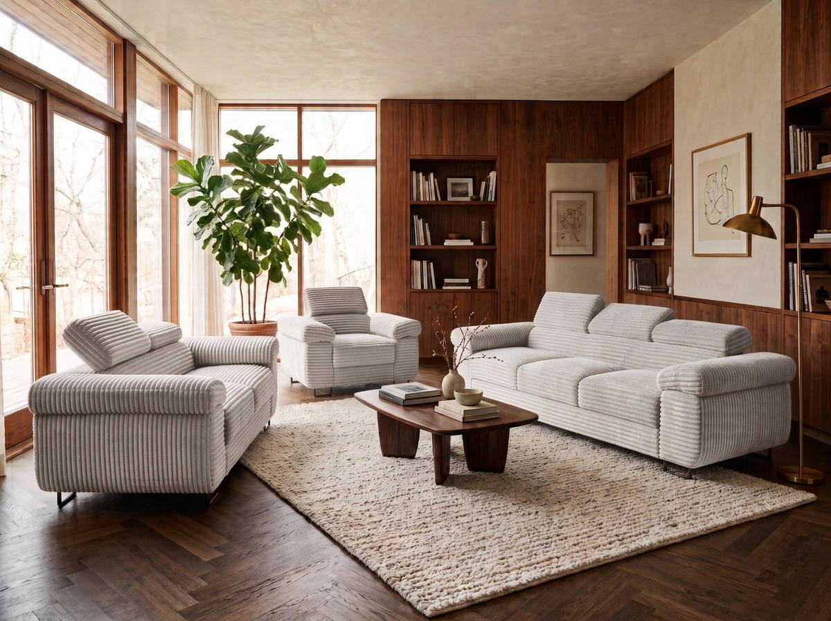GUSTAW Sitzgarnitur 3+2+1, Schlafsofa 3-Sitzer, Cordbezug Grau - Grau, Textil (225/92/101cm) - KS Home Concept