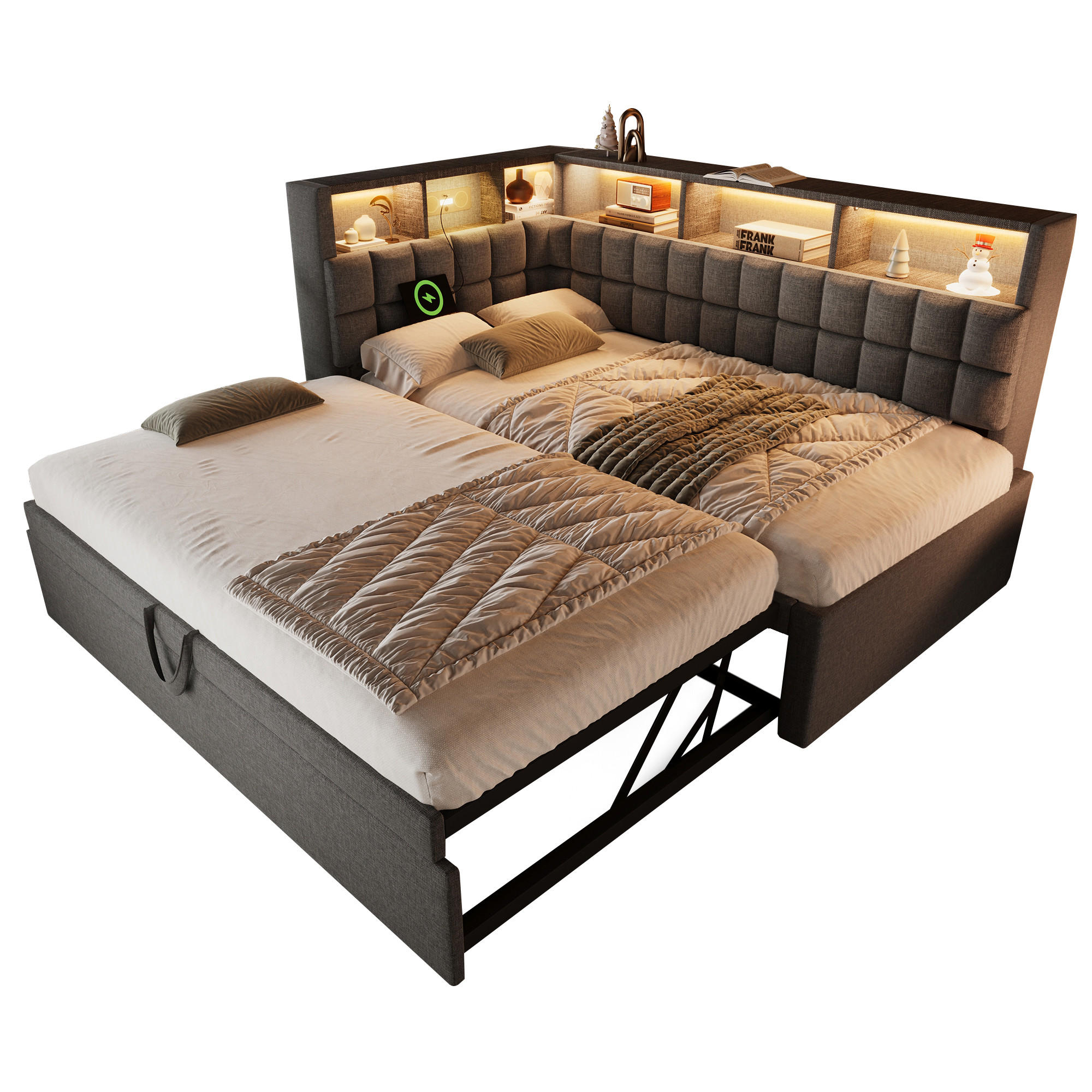 POLSTERBETT 90/200 cm aus Leinen mit Ausziehbett, LED, Bluetooth-Lautsprecher und USB-/USB-C-Anschluss, Grau - Grau, Textil (90/200cm) - Redom