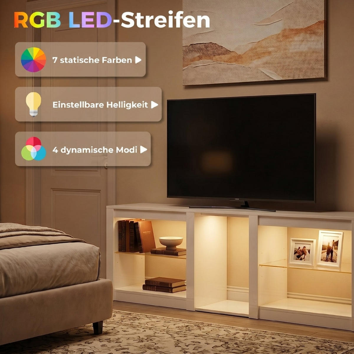 LOWBOARD DE-40503 Verstellbare Glasböden mit RGB-LED Weiß - Weiß, Holzwerkstoff (160/52/35cm) - ComfortXL