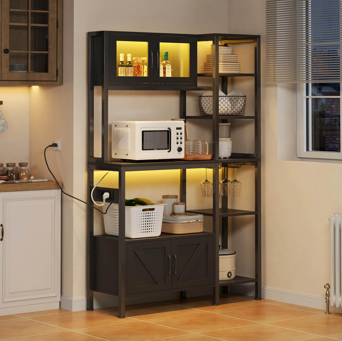 KÜCHENREGAL 115/40/180 cm mit LED-Beleuchtung, Steckdosenmodul und Stauraum, MDF und Stahl, Schwarz - Schwarz, Holzwerkstoff (115/180/40cm) - Redom