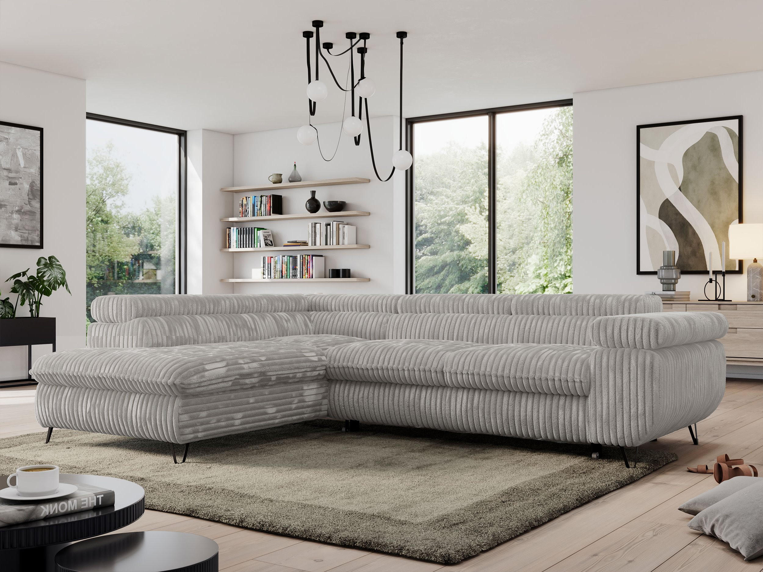 ECKSOFA PEDRO L Hellgrau Cord - Links Seite - Hellgrau/Schwarz, Textil/Metall (208/273cm) - MKS