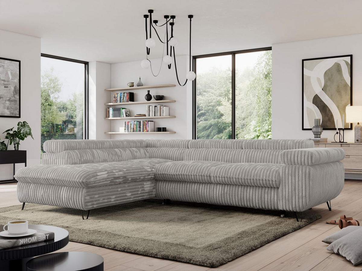 ECKSOFA PEDRO L Hellgrau Cord - Links Seite - Hellgrau/Schwarz, Textil/Metall (208/273cm) - MKS