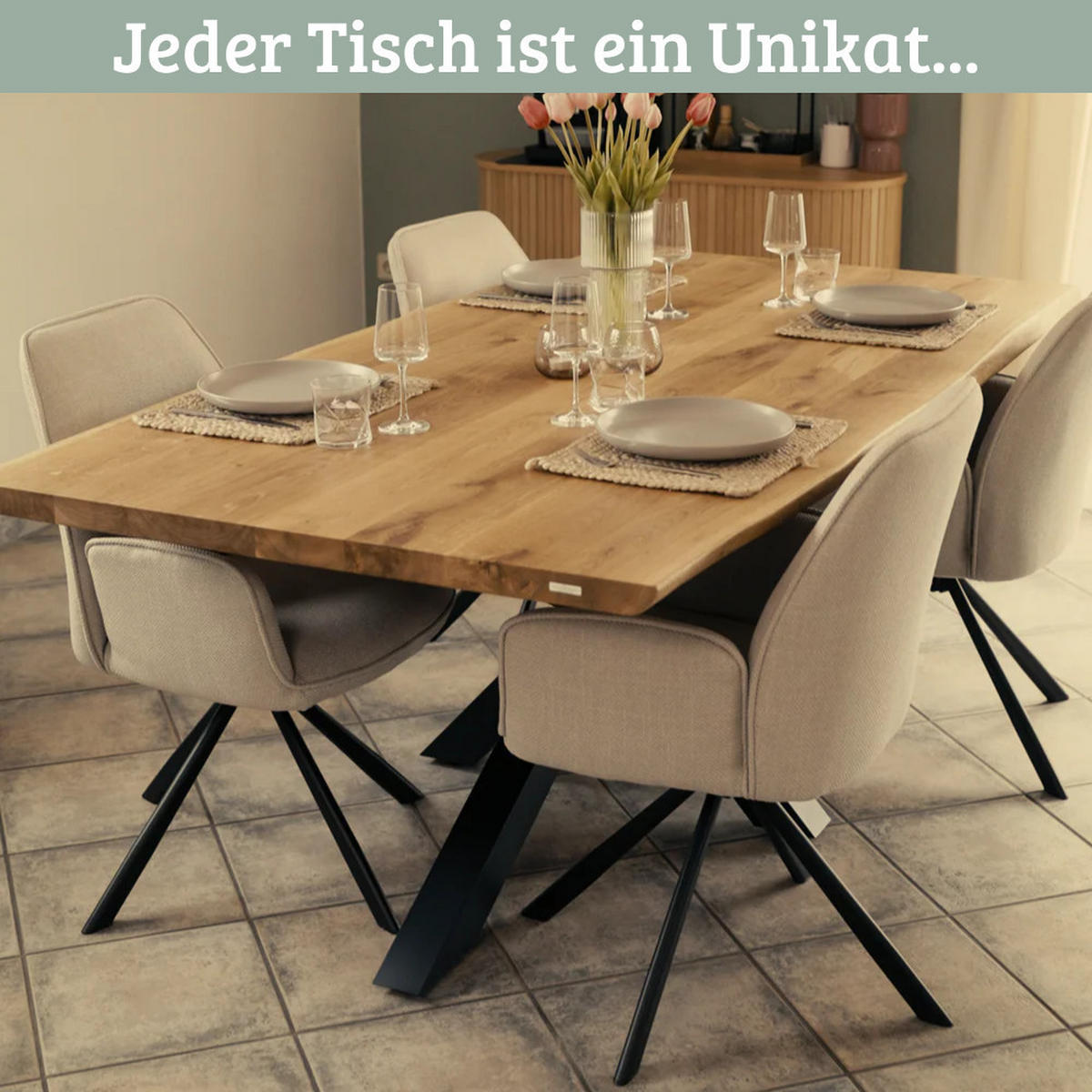 ESSTISCH Massivholz mit Baumkante RAGNAR 240x100 cm Eichenholz X-Hora Gestell - Braun, Holz/Metall (100/240/76cm) - DELUKE