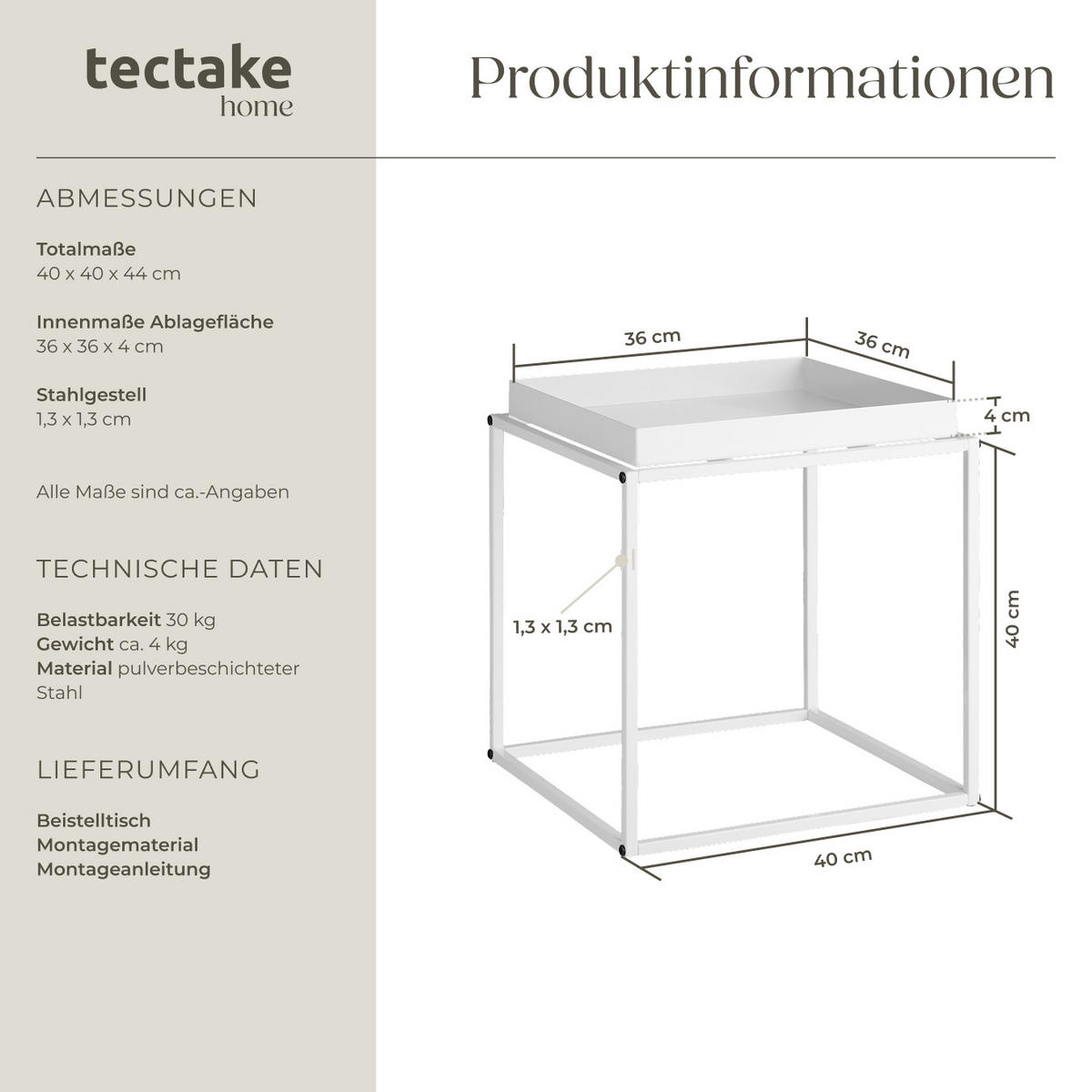 BEISTELLTISCH Cambridge,40 x 40 x 44 cm,weiß - Weiß, Metall (40/40/44cm) - tectake