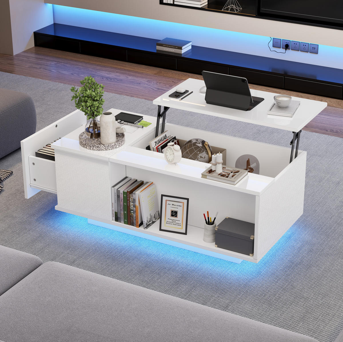 KLUB stolić 100/50/40 cm bijeli od iverice s podiznom pločom i LED rasvjetom - bijela, drvni materijal (100/50/40cm) - OKWISH