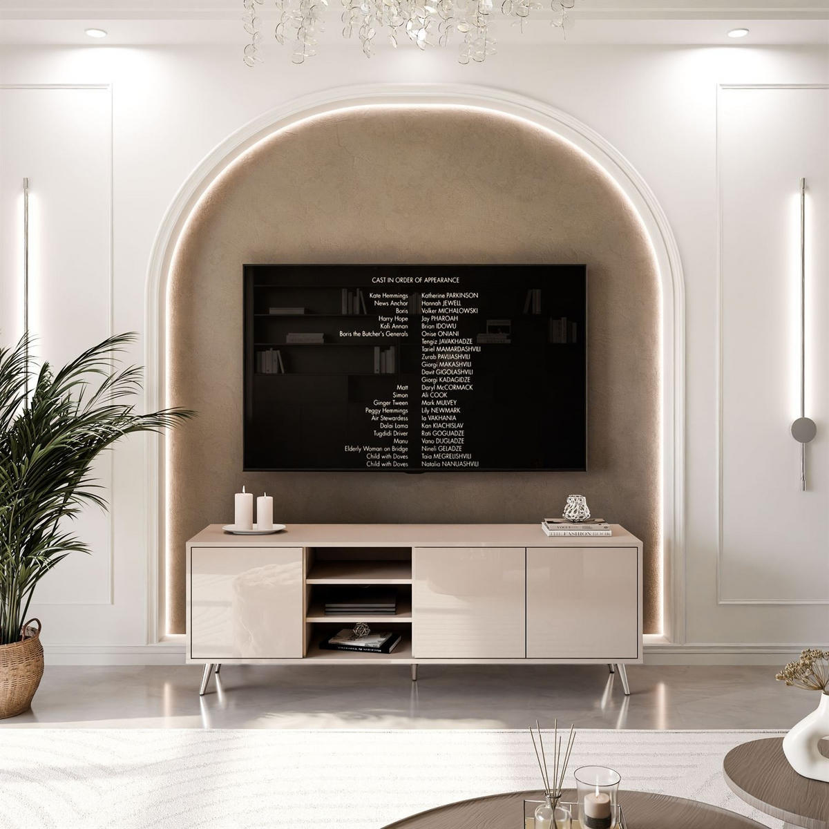 TV-SCHRANK SANAYI mit hohen Kunststoffbeinen Kaschmir Hochglanz - Beige, Holzwerkstoff (156/54/38cm) - Lookway