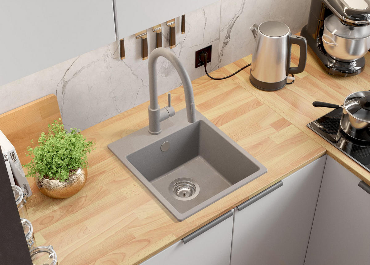 GRANITSPÜLE Riga Easy, 2-er set Grau 38/44 cm 1 Becken + Küchenarmatur 38/14 cm + Ablauf-Set ab 40er Unterschrank - Grau, Kunststoff (38/19/44cm) - Primagran