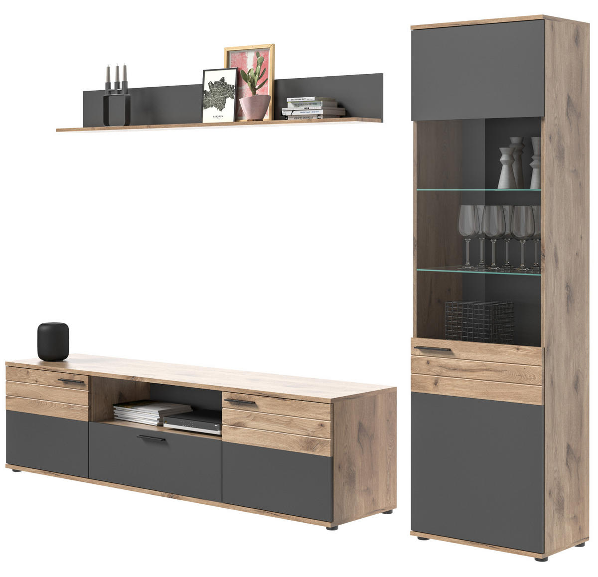 WOHNWAND Eiche, grau 3-teilig 266 cm, Schrankwand mit Soft-Close, Wohnzimmereinrichtung - Eichefarben/Schwarz, Holzwerkstoff/Kunststoff (266/200/47cm) - Inn.Furn