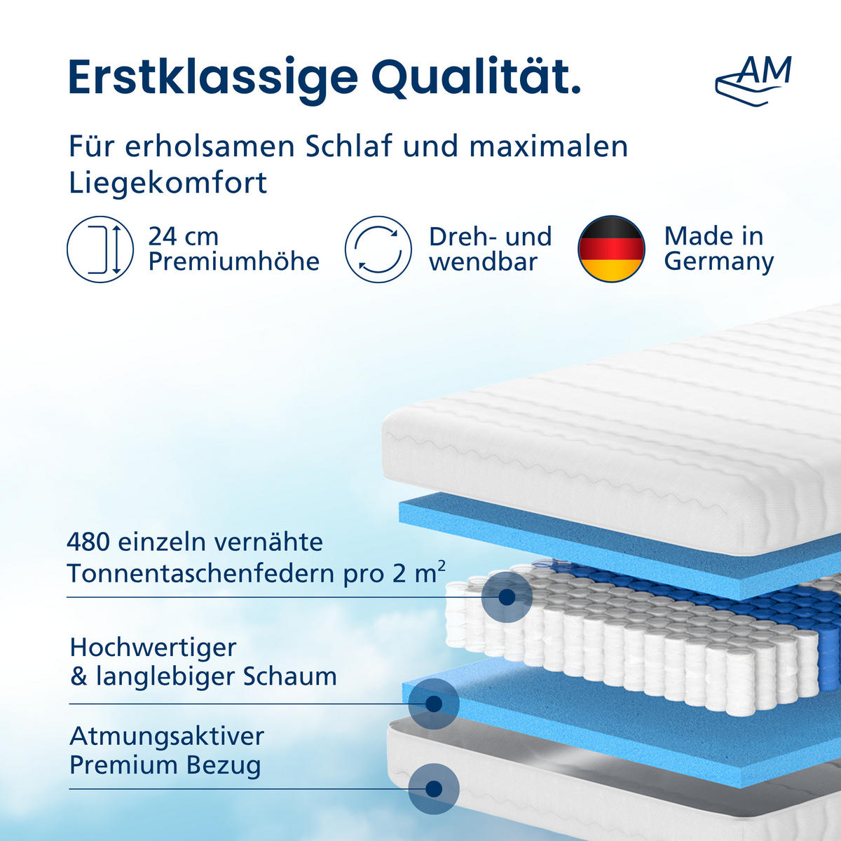 TASCHENFEDERKERNMATRATZE Premium 240/200 cm H2 - 24cm Höhe & Tencel Bezug - Weiß, Textil (240/200cm) - AM Qualitätsmatratzen