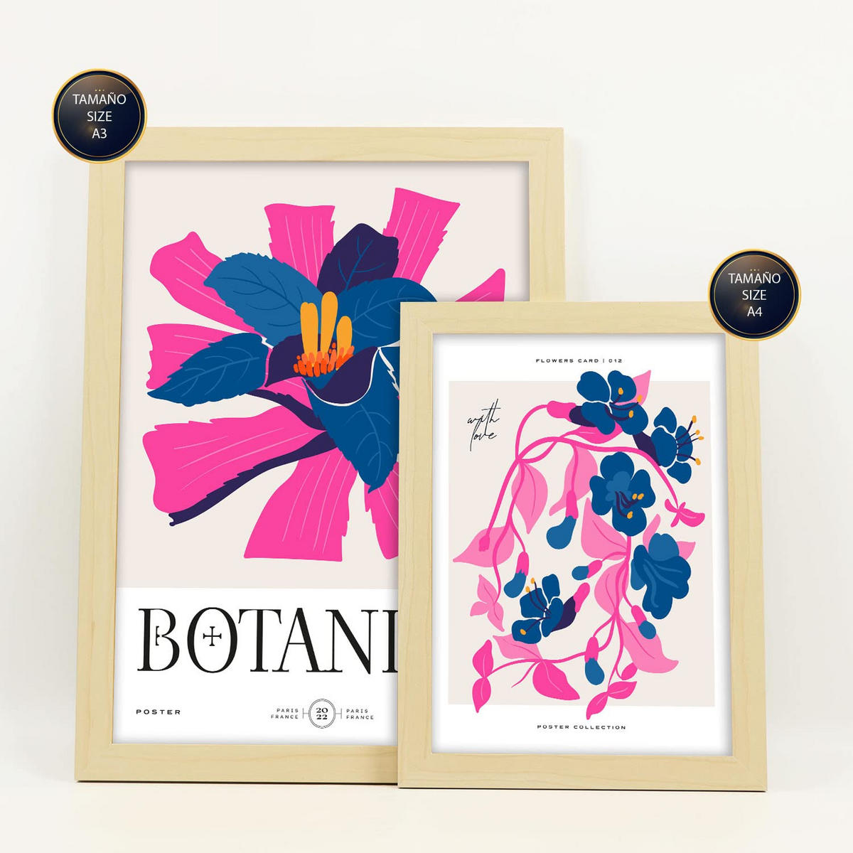POSTER Set Mit 6 Blumen Rosa Explosionen Natur Und Botanikdrucke Für Innenarchitektur A3 & A4 Rahmen Aus Hellem Holz - Beige, Papier (29/3cm) - Nacnic