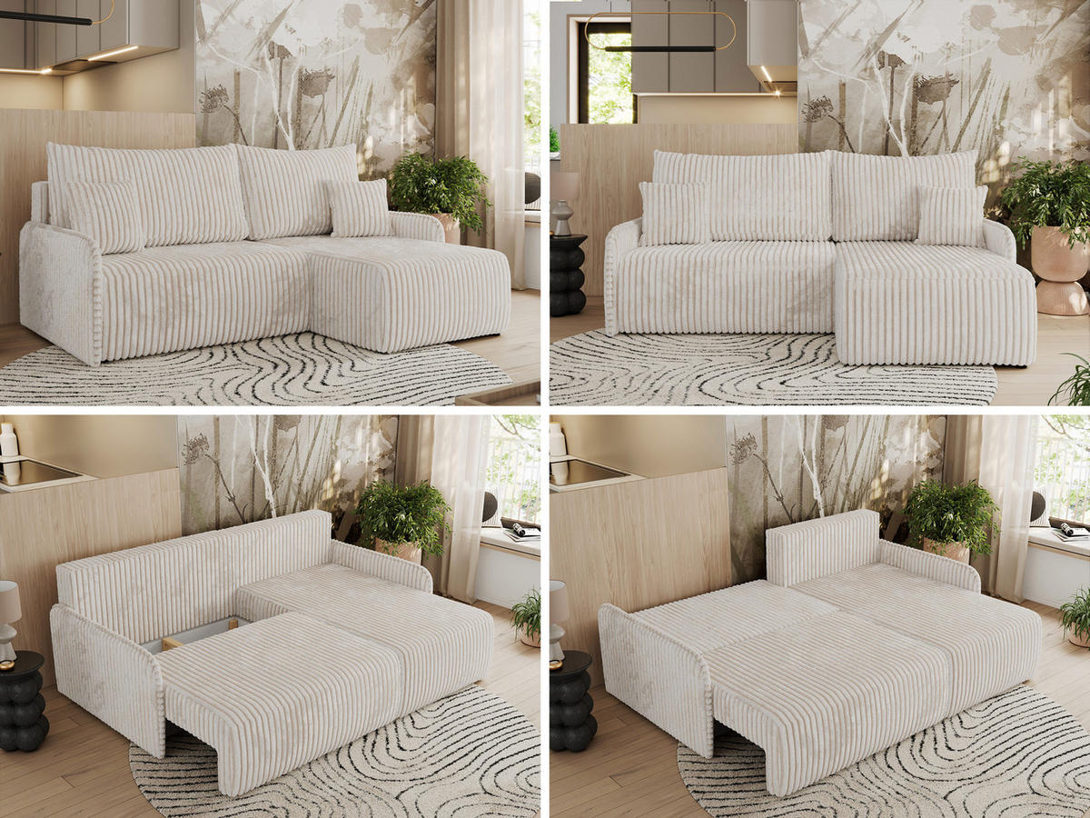 ECKSCHLAFSOFA ARPA L Creme Cord - rechts - Creme/Schwarz, Kunststoff/Textil (150/198cm) - MKS