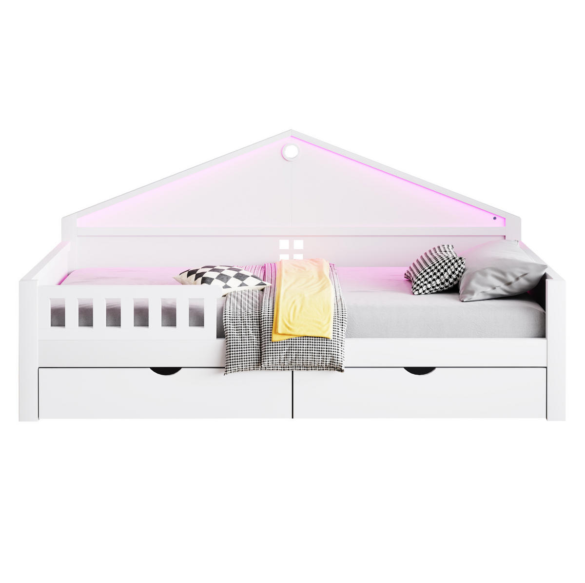 KINDEREINZELBETTEN aus Holz und MDF 90x200 cm in Weiß mit LED & 2 Schubladen - Weiß, Holz (90/200cm) - Modfu