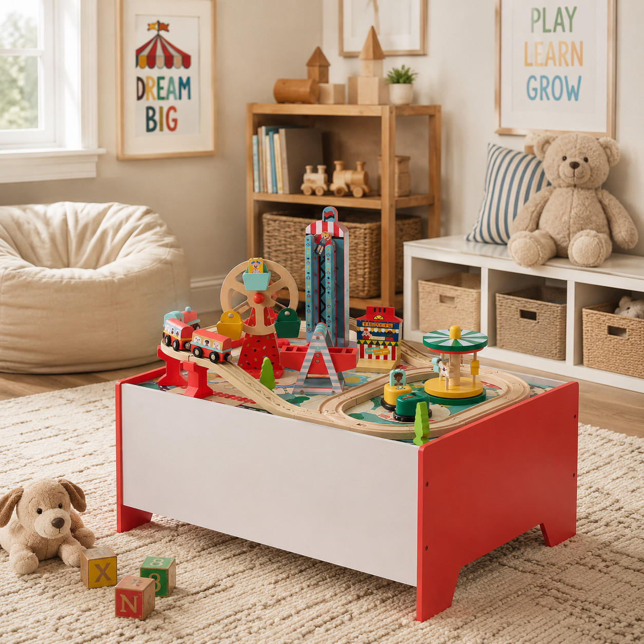 EISENBAHN Spieltisch mit 6 Mini-Spielen & Aufbewahrung, Mehrfarbig, 30cm - Multicolor, Holzwerkstoff (47/62cm) - Teamson Kids