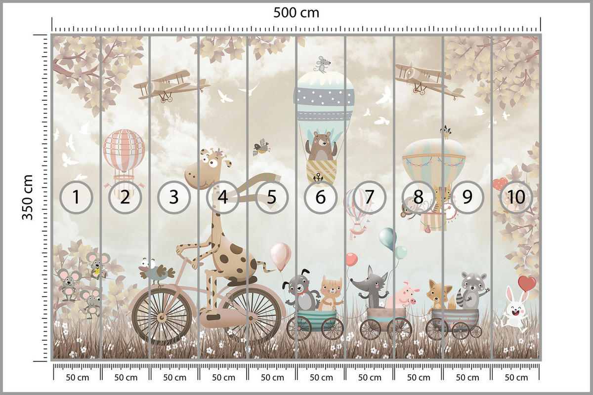 FOTOTAPETE Tiere auf Fahrrädern Luftballons Flugzeuge Pflanzen 500x350 - Blau/Beige, Papier (500/350cm) - Muralo