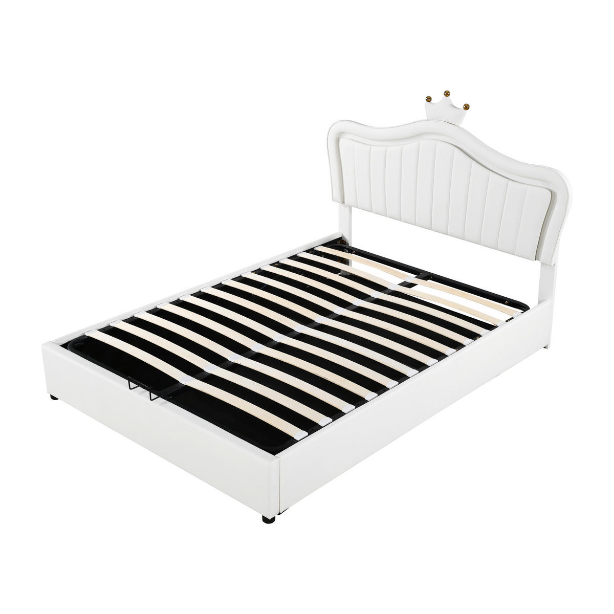 POLSTERBETT 140/200 cm weiß hydraulisches Stauraumbett mit LED-Beleuchtung und verstellbarem Kopfteil - Weiß, Textil (140/200cm) - OKWISH