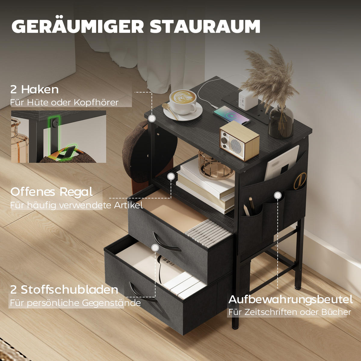 COUCHTISCH DE-08768 mit Ladestation, USB-C & Schubladen Schwarz - Schwarz, Metall (40/30/60cm) - ComfortXL