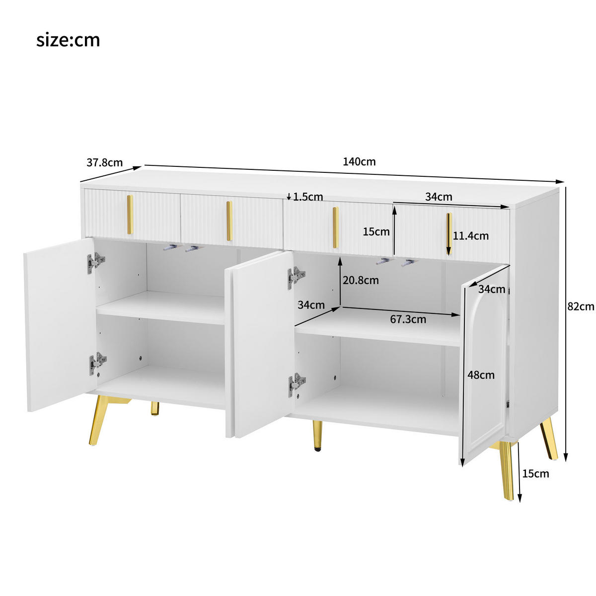 SIDEBOARD Weiß, 4 Türen, 4 Schubladen, Goldgriffe - Weiß, Holz (140/82/38cm)
