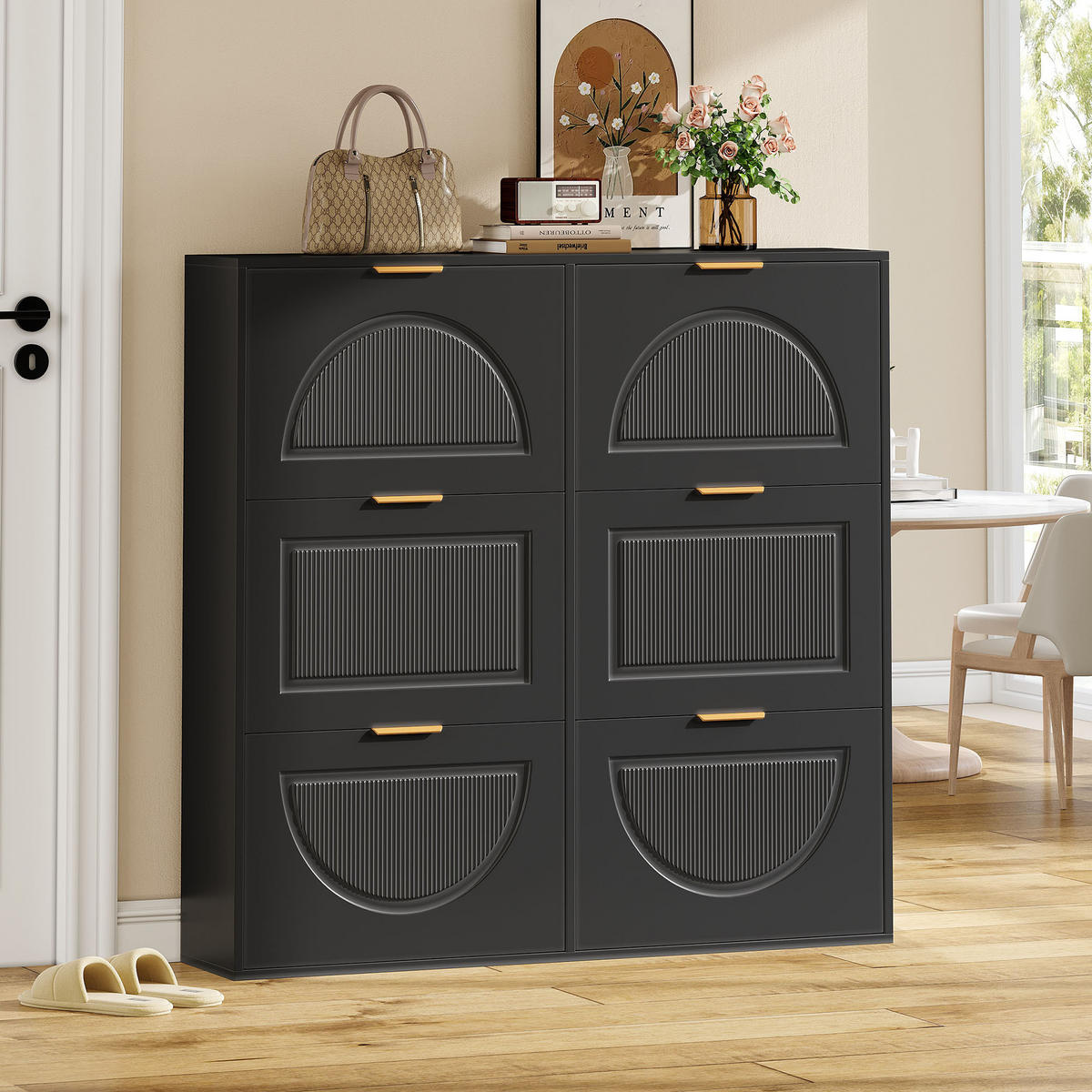 SCHUHSCHRANK Modern freistehend 6 Fächer Schwarz 118x25x115cm - Schwarz, Holzwerkstoff (25/115/118cm) - FLIEKS