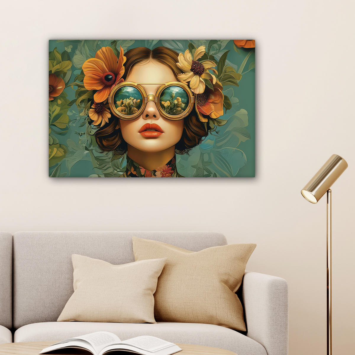 LEINWANDBILD Frau - Blumen - Schmetterlinge - Natur - Vintage Gemälde 60x40 cm - Salbeigrün, Textil (60/40cm) - MuchoWow