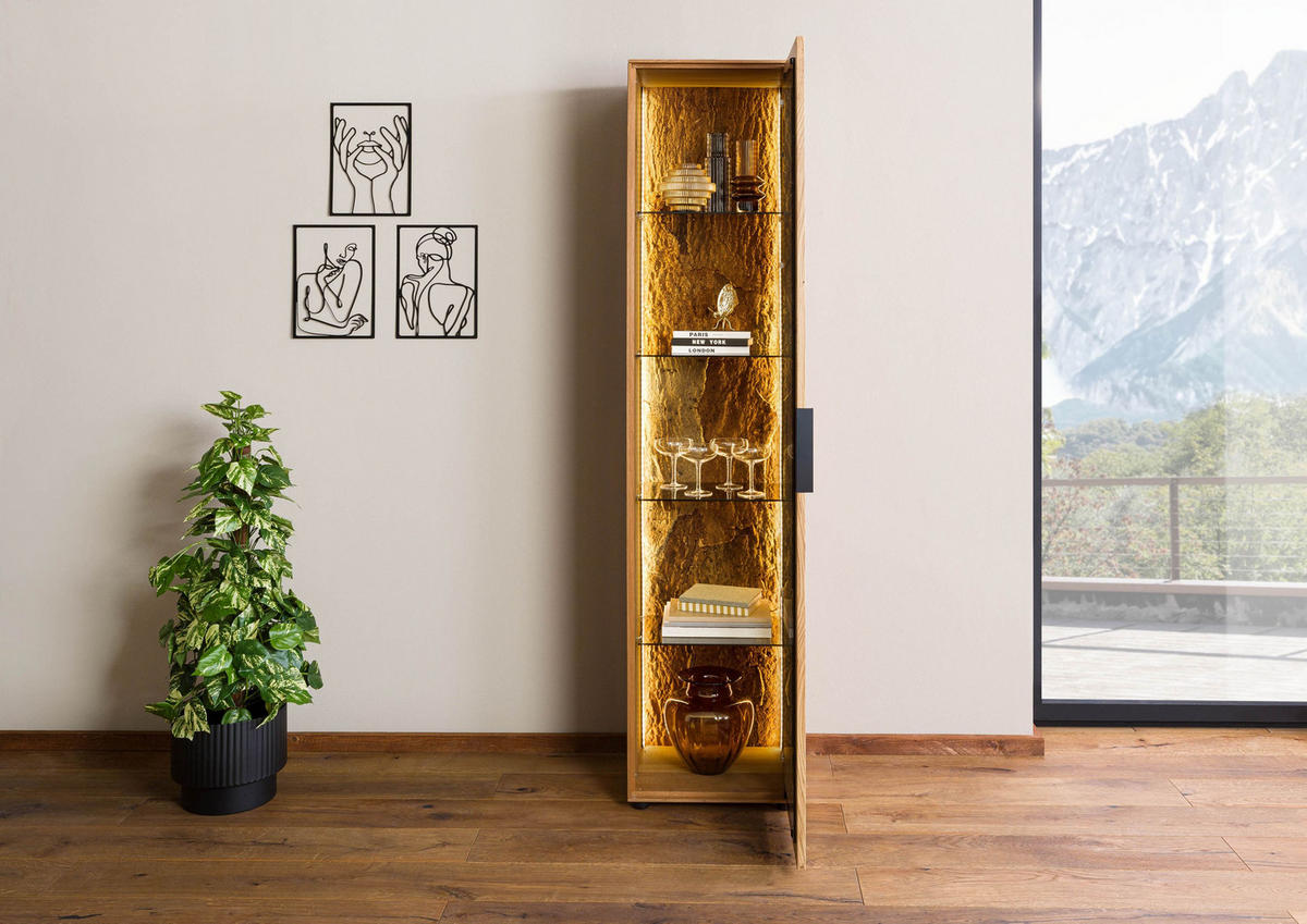 VITRINE Wildeiche 46x43x203 natur geölt LINDAU #20 - Braun, Holz (46/203/43cm) - Massivmoebel24