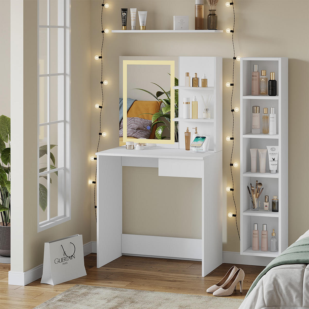 SCHMINKTISCH Dekos Weiß 75 cm mit LED-Spiegel und QI-Ladestation - Weiß, Holzwerkstoff (75/141/40cm) - Vicco