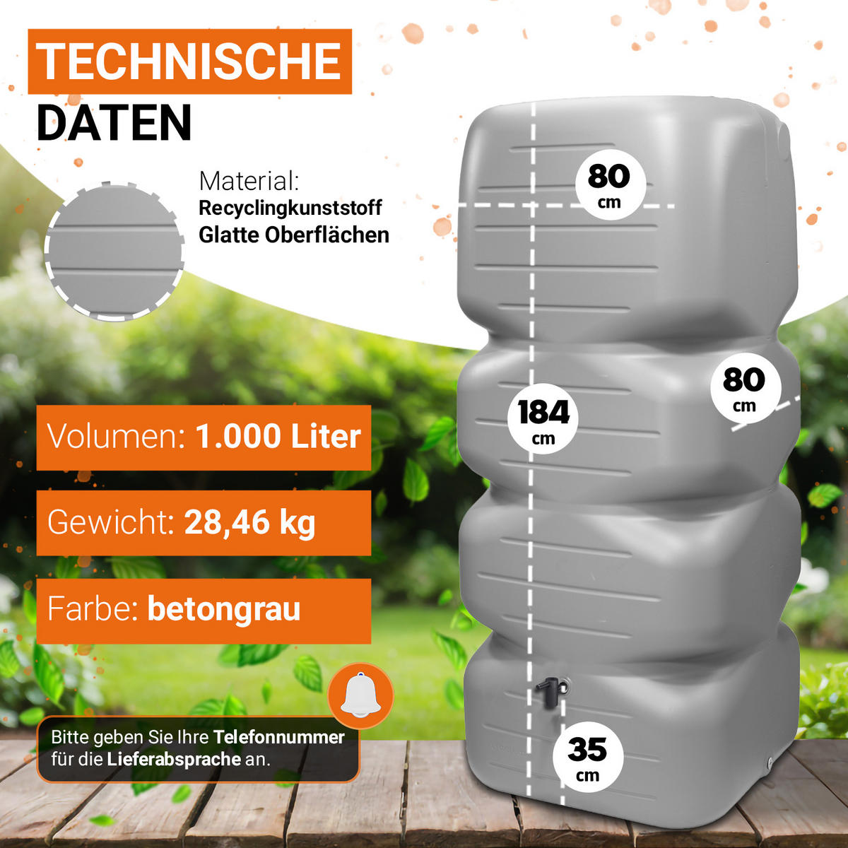 REGENTONNE Komplett-Set 1000 L, betongrau inkl. Kunststoff-Auslaufhahn und Fallrohranschluss - Grau, Kunststoff (80/184/80cm) - GARANTIA