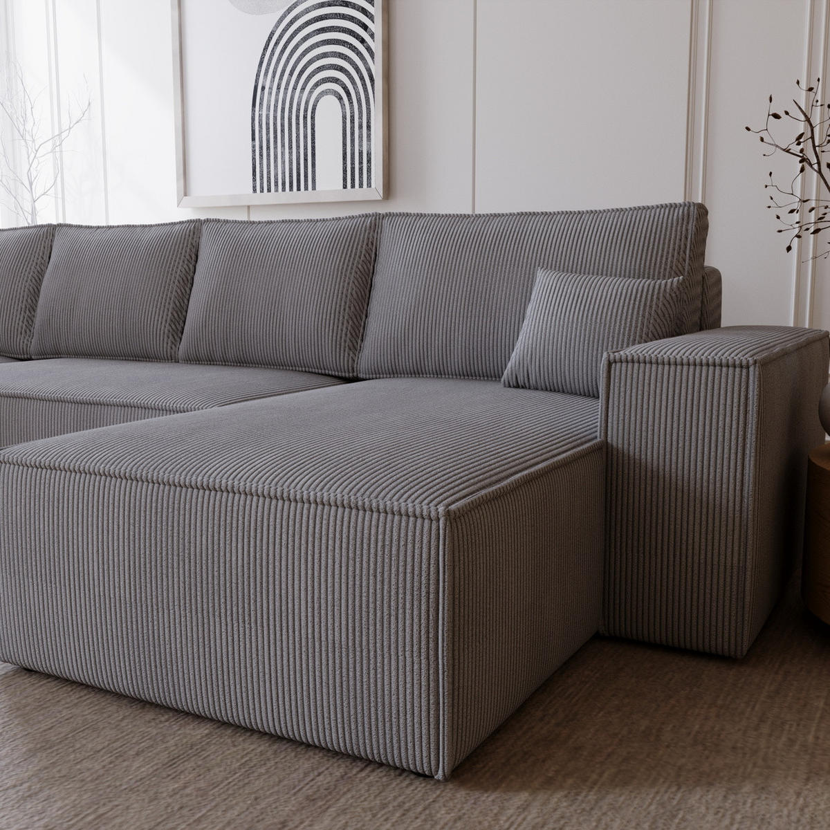 ECKSOFA U 380 cm Bergamo mit Schlaffunktion, Cordstoff, Grau - Grau, Holz (377/189cm) - Emporius
