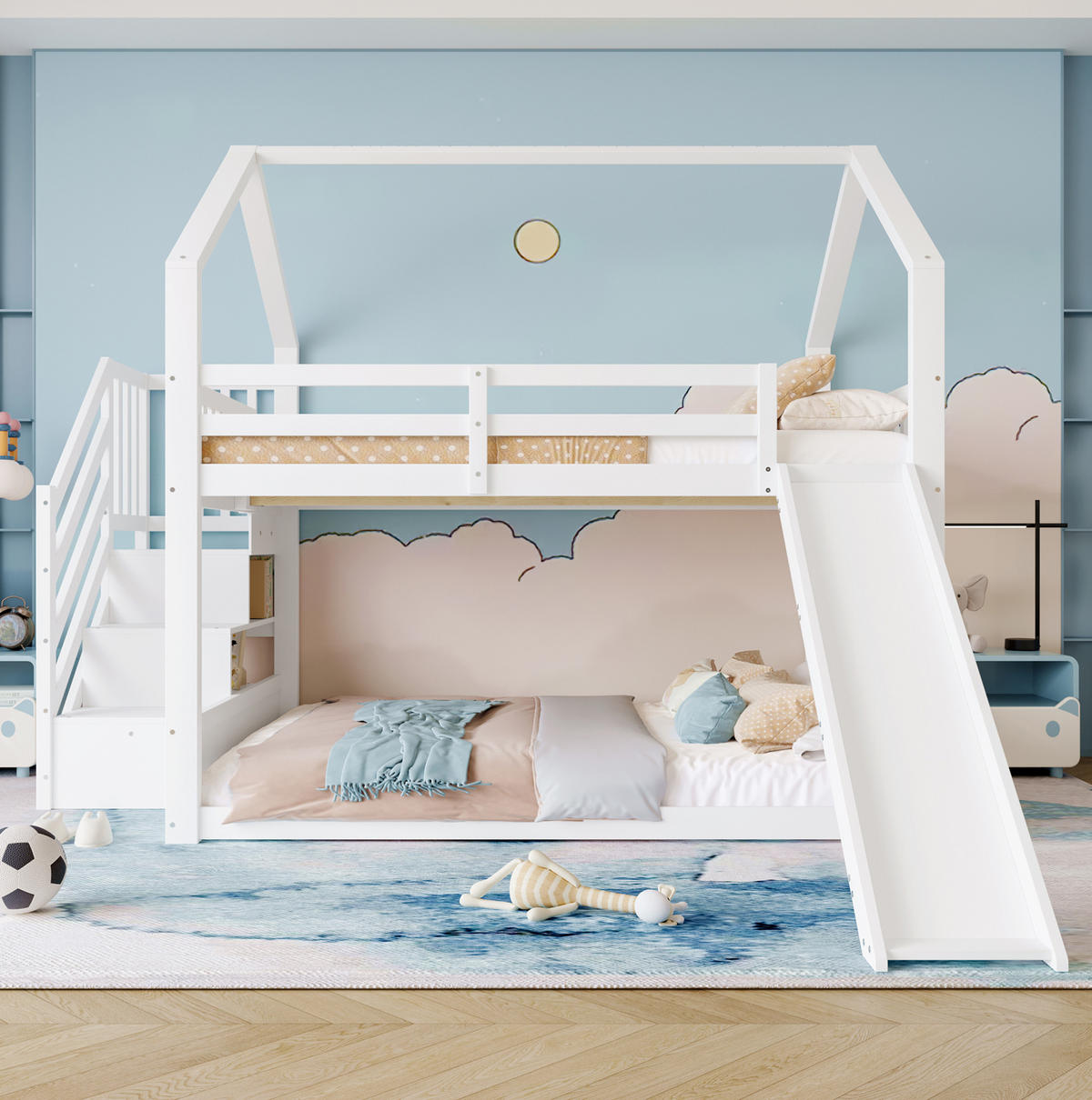 ETAGENBETT 140/200 cm mit Stauraumtreppe, Rutsche und Hausdesign aus Kiefernholz, Weiß/Grau - Weiß, Holzwerkstoff (140/200cm) - Redom