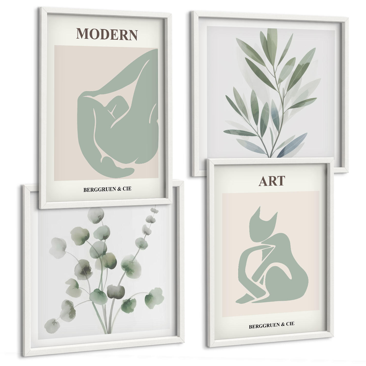 BILDER SET 4er Set - 50x50 cm & 40x60 cm Weißer Rahmen - Pflanzenmotive, zartes Grün - Weiß, Kunststoff (50/50cm) - TULUP