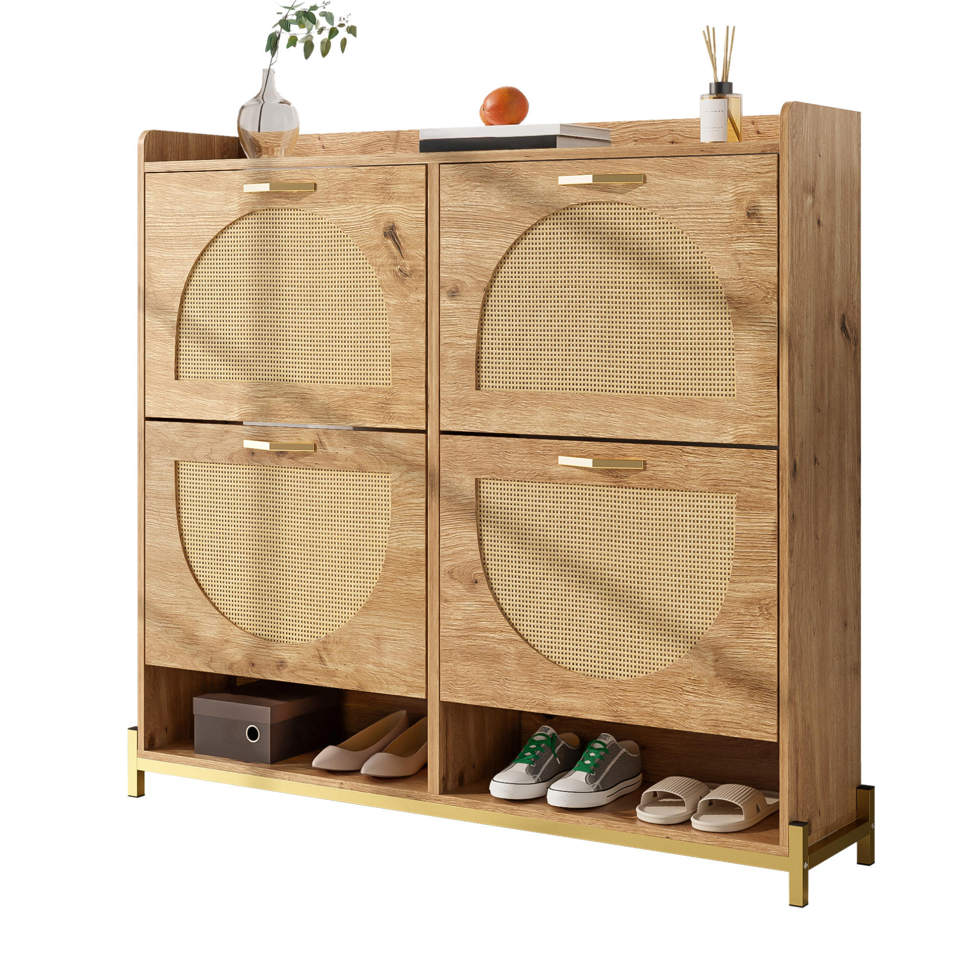 SCHUHSCHRANK 108,5/24/100 cm in Holzfarbe mit Rattantüren und Metallgestell - Naturfarben, Holzwerkstoff (108.5/100/24cm) - Flora Grace