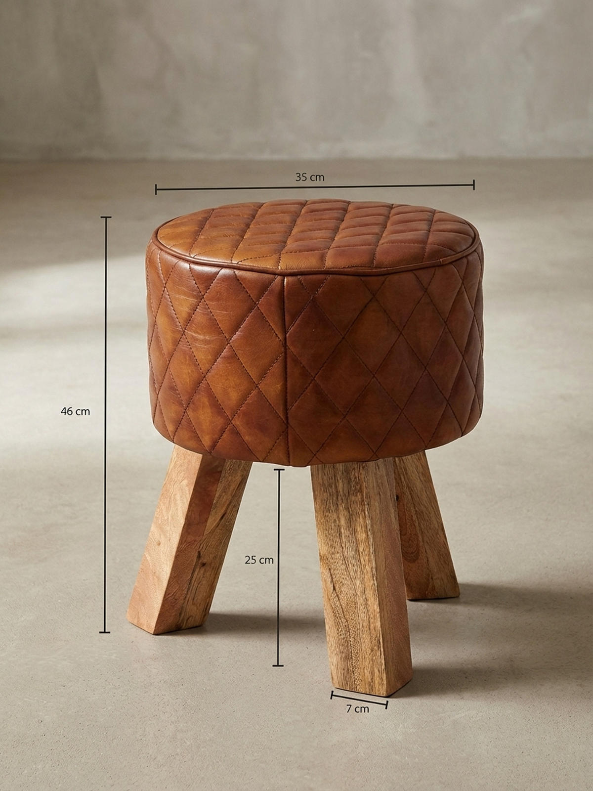 SITZHOCKER – Holz/Leder, 46 cm, Rautenmuster, Braun - Braun, Mangoholz/Leder (35/46/35cm) - KADIMA DESIGN